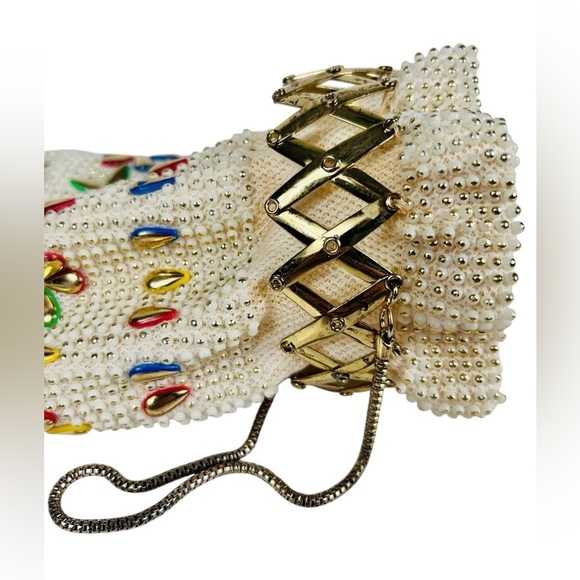 Vintage beaded & bejewelled evening bag, metal retractable closure, chain straps - Picture 11 of 13